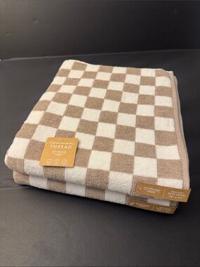 2pc COMMON THREAD Eco-Melange Bamboo Checkered Bath Towel Set - Tan/White